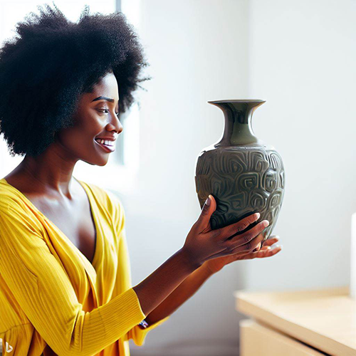 AI Image of a woman looking at a vase.