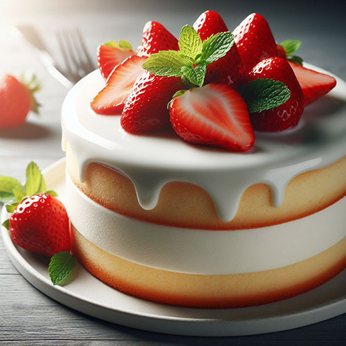 Circular sponge cake on a white plate with white icing on top dripping down the sides and halved strawberries on top.